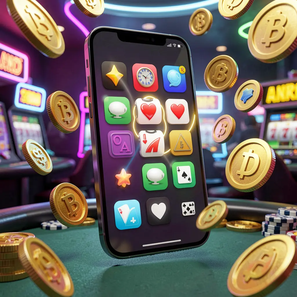 I880 Android casino app concept displayed on a modern phone with app icons, surrounded by floating golden coins and slot symbols in a neon casino atmosphere, realistic 3D render I880 Android casino app concept displayed on a modern phone with app icons, surrounded by floating golden coins and slot symbols in a neon casino atmosphere, realistic 3D render