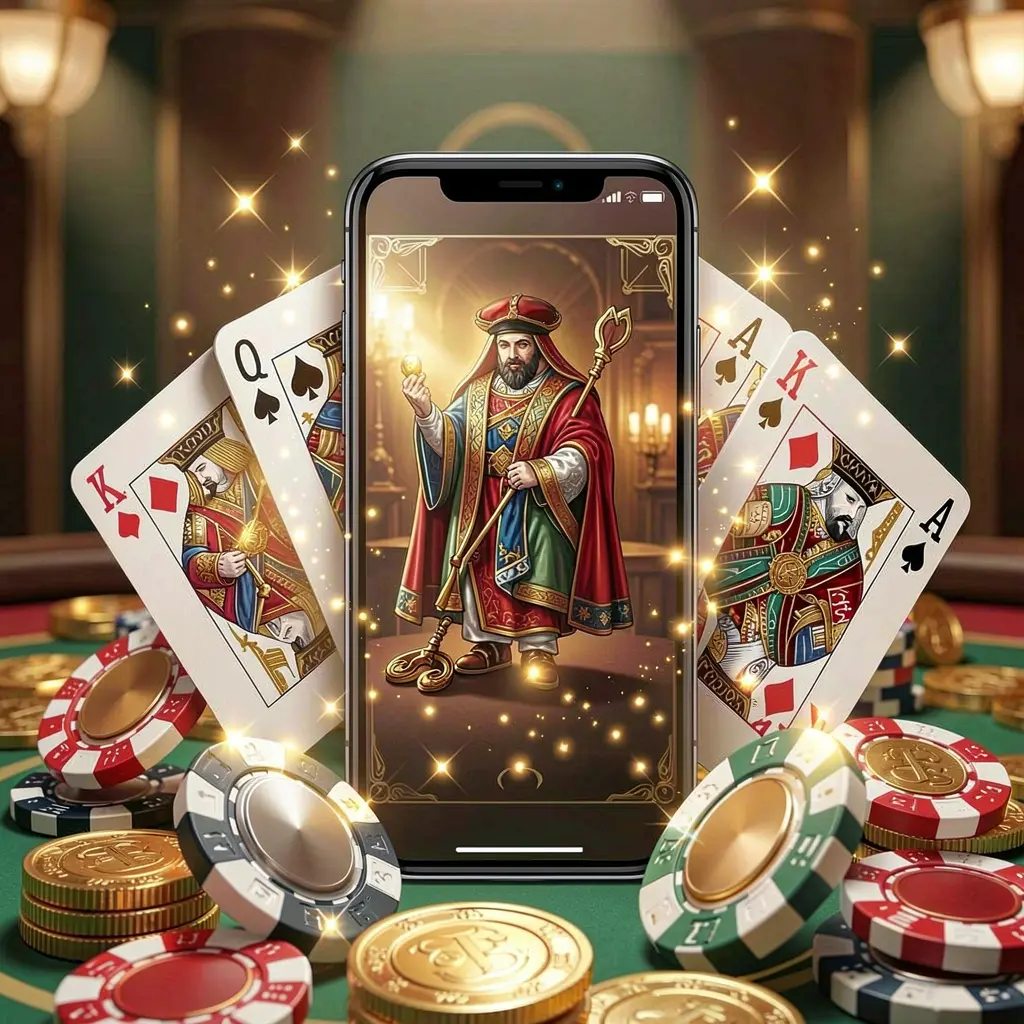 I880 mobile gaming application concept featuring a smartphone surrounded by playing cards, roulette chips, gold coins, and sparkling lights in a premium casino style I880 mobile gaming application concept featuring a smartphone surrounded by playing cards, roulette chips, gold coins, and sparkling lights in a premium casino style
