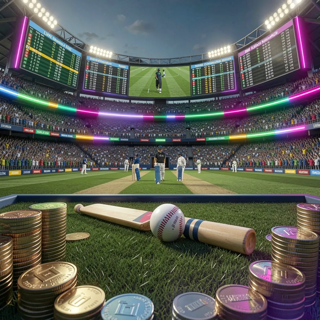 I880 cricket sportsbook scene with a packed cricket stadium, green field, bat and ball, digital live odds panels, coins and neon lighting in a cinematic 3D render