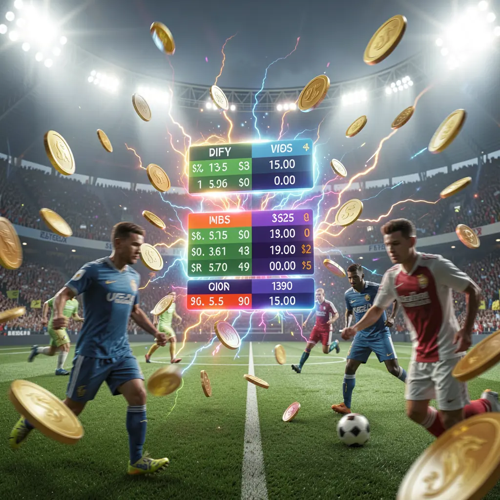 I880 live football betting concept showing a vibrant soccer stadium with bright lights, blurred players in action, floating odds panels, coins, and dynamic energy effects in a premium cinematic render