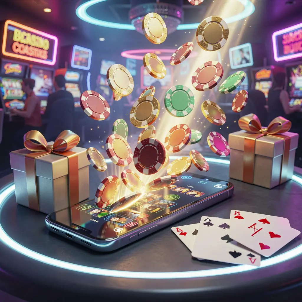 I880 mobile casino bonus scene with a modern smartphone displaying glowing casino chips and coins emerging from the screen, surrounded by a gift box and playing cards in a bright neon casino atmosphere
