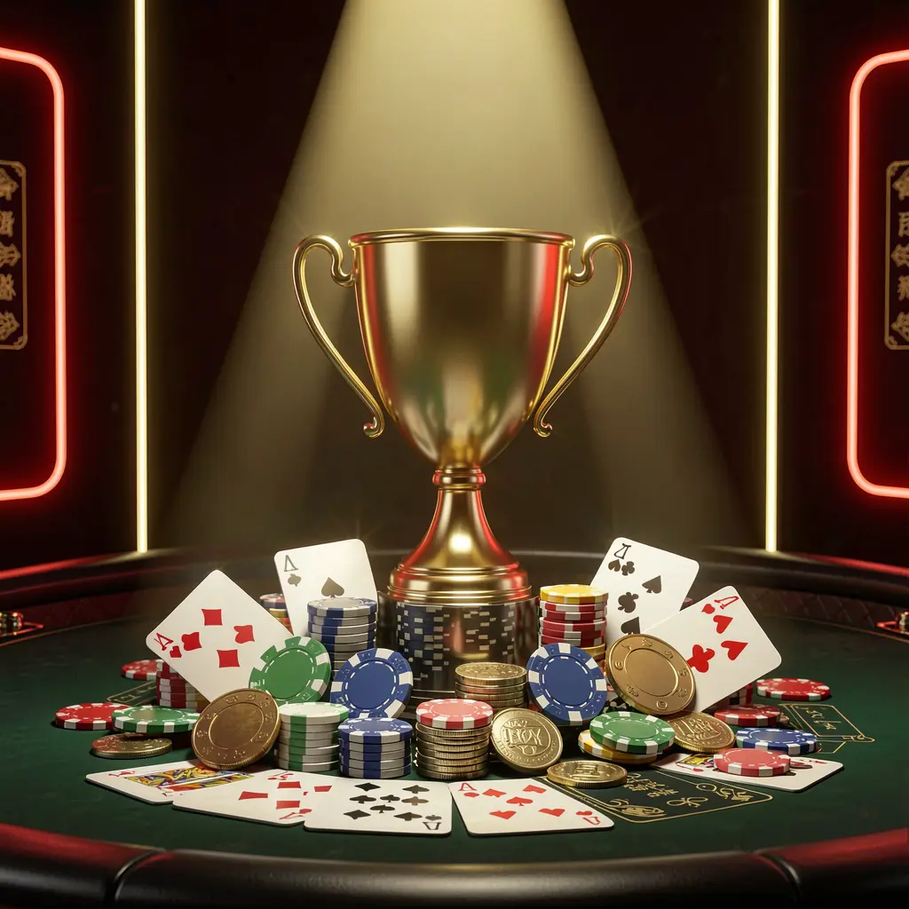 I880 casino tournament bonus concept featuring a golden trophy surrounded by poker chips, playing cards, and coins under a bright spotlight in a competitive luxury casino atmosphere with dark background and red and gold neon accents