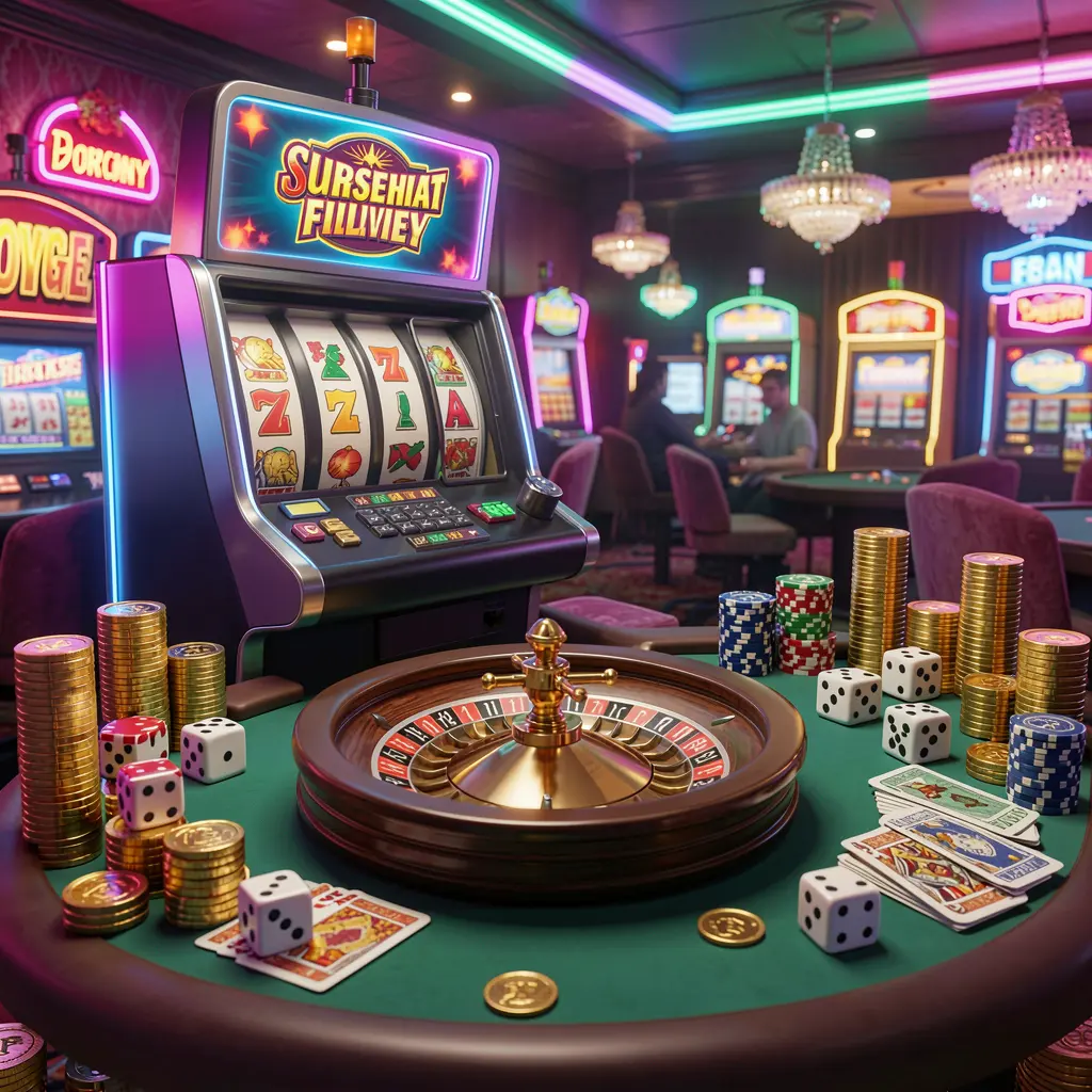 I880 casino entertainment scene featuring a slot machine, roulette wheel, dice, cards, and golden coins illuminated by colorful neon lights in an exciting premium atmosphere