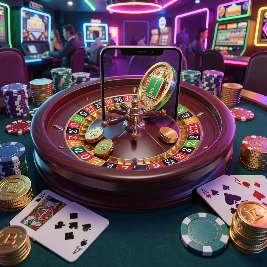 I880 mobile casino experience showing a smartphone surrounded by a roulette wheel, chips, cards, and coins in a bright neon casino atmosphere