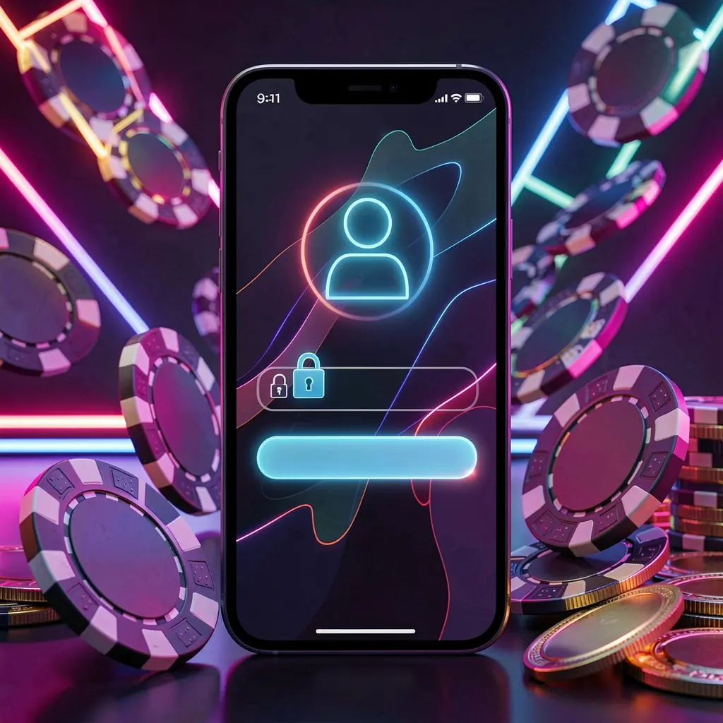I880 mobile gaming login page concept on a smartphone featuring an abstract login interface with user and lock icons, surrounded by casino chips and coins under luxury neon lighting I880 mobile gaming login page concept on a smartphone featuring an abstract login interface with user and lock icons, surrounded by casino chips and coins under luxury neon lighting