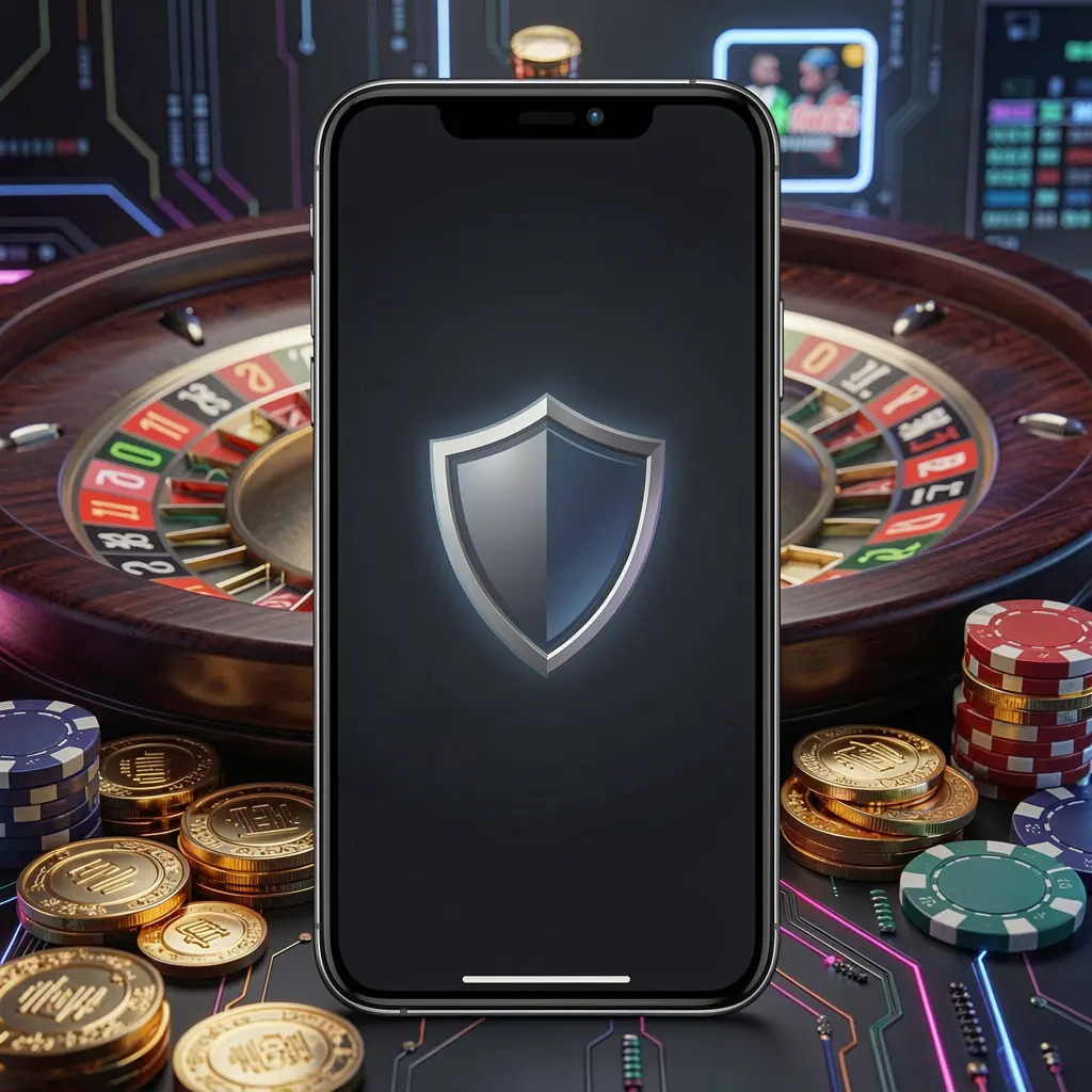 I880 secure mobile casino access showing a phone screen with shield icon, roulette wheel, poker chips, and golden coins in a dark cyber luxury atmosphere I880 secure mobile casino access showing a phone screen with shield icon, roulette wheel, poker chips, and golden coins in a dark cyber luxury atmosphere
