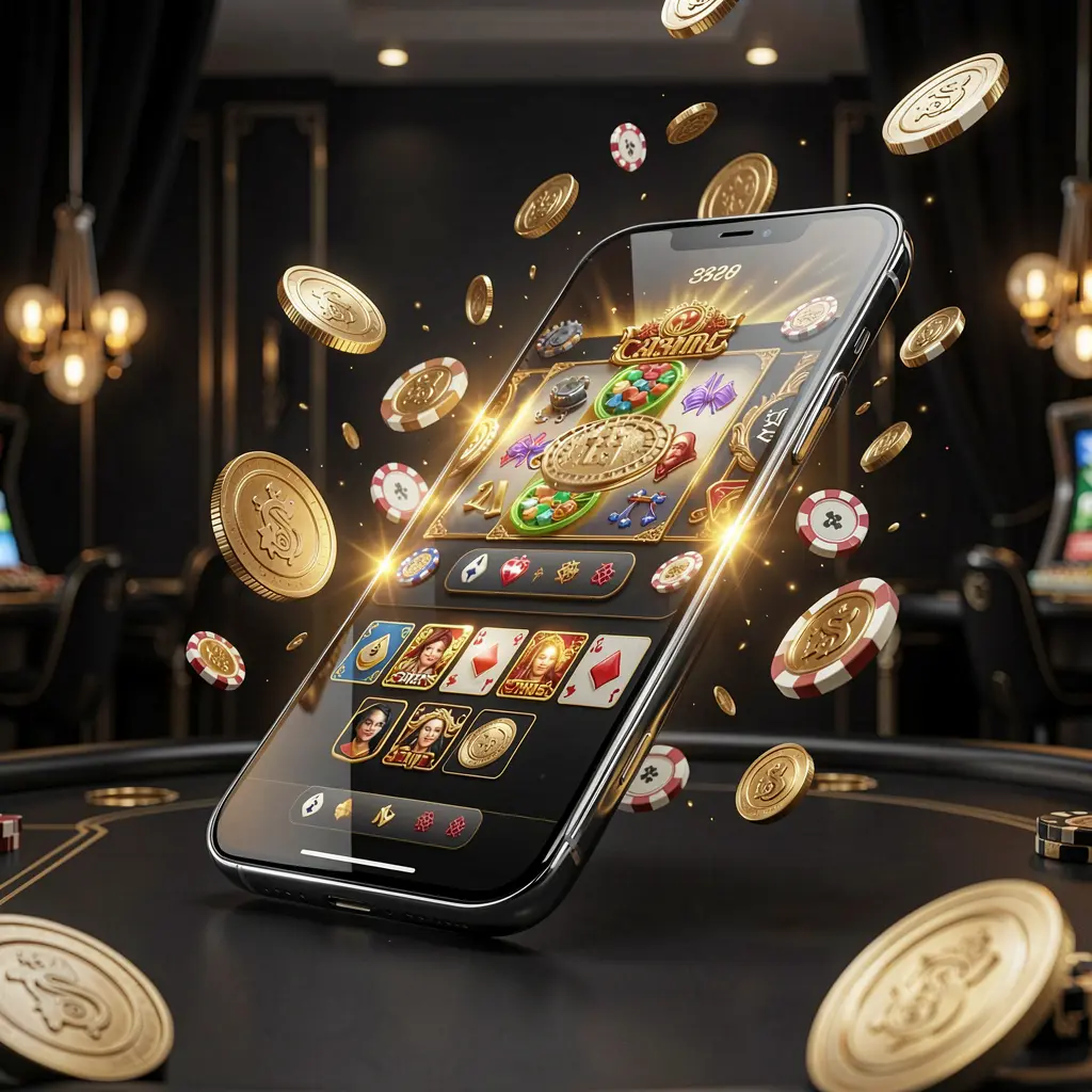 I880 modern online casino main page visual featuring a smartphone with a glowing gaming interface, surrounded by flying coins and chips in a black and gold luxury atmosphere I880 modern online casino main page visual featuring a smartphone with a glowing gaming interface, surrounded by flying coins and chips in a black and gold luxury atmosphere